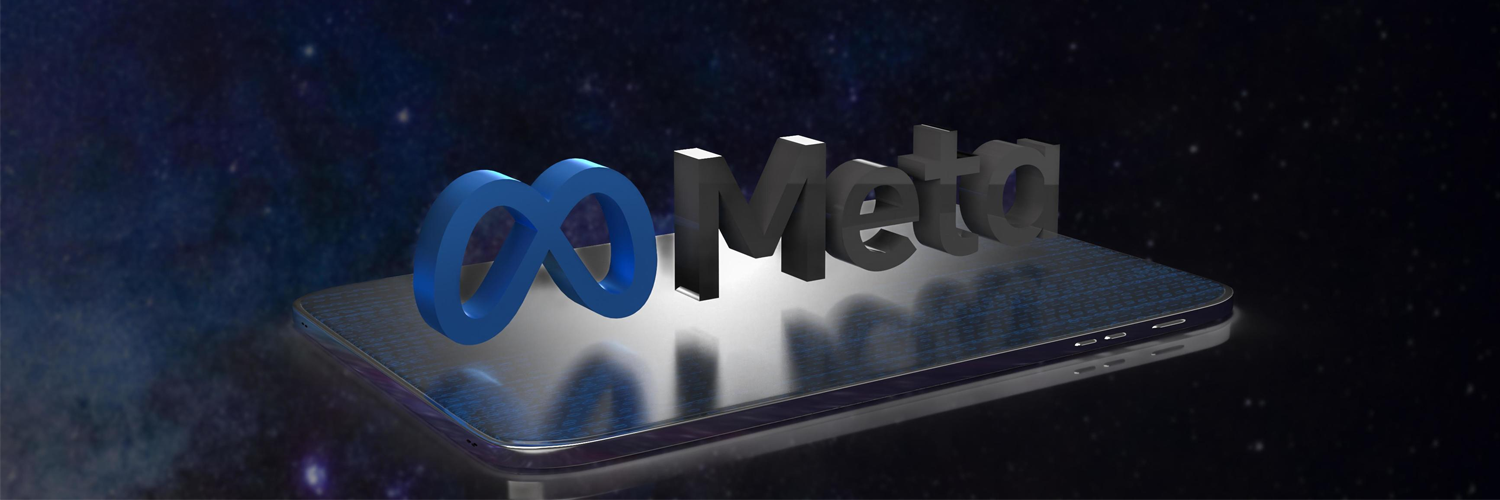 META banner — infinity logo floating above a phone in deep space